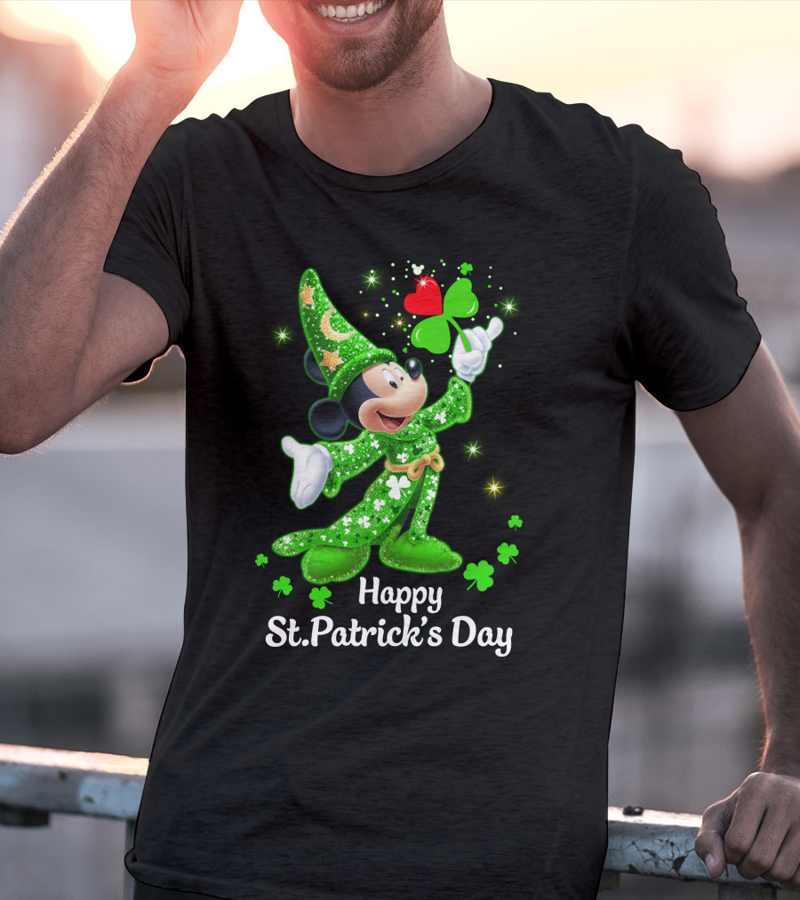 Happy St. Patrick's Day Mickey In Green Wizard Cloak With Clover Magic T-Shirt