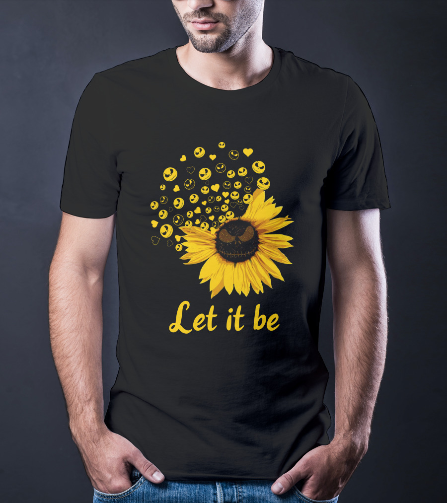 Jack Skellington Face Sunflower Let It Be Hearts Yellow Smiles T-Shirt