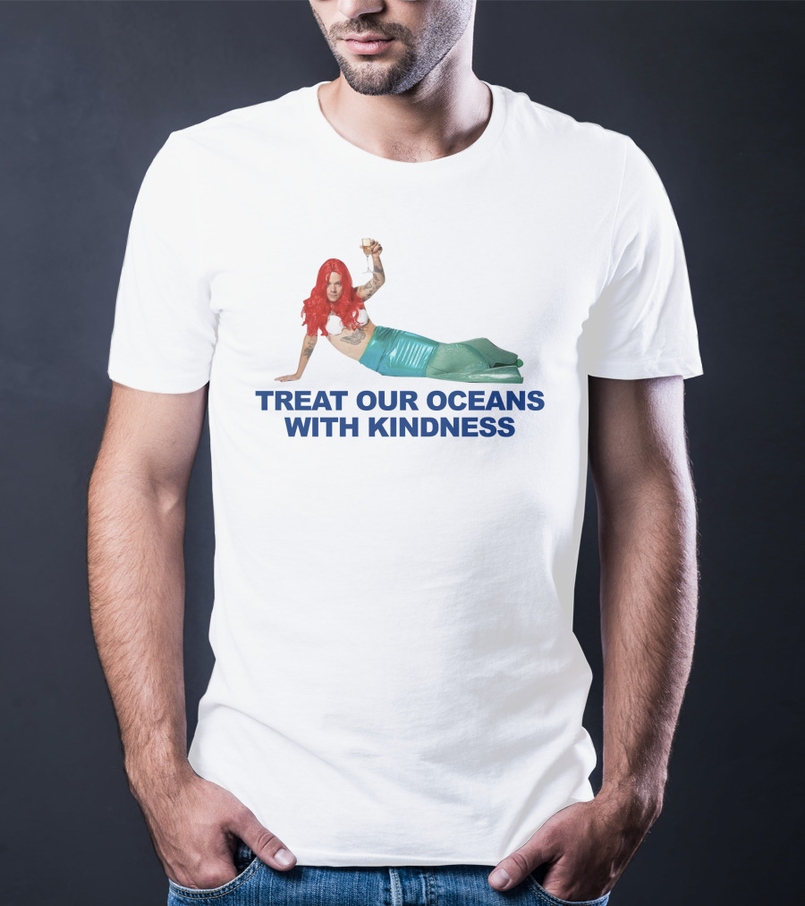 Treat Our Oceans With Kindness Red-Haired Mermaid Holding Glass T-Shirt