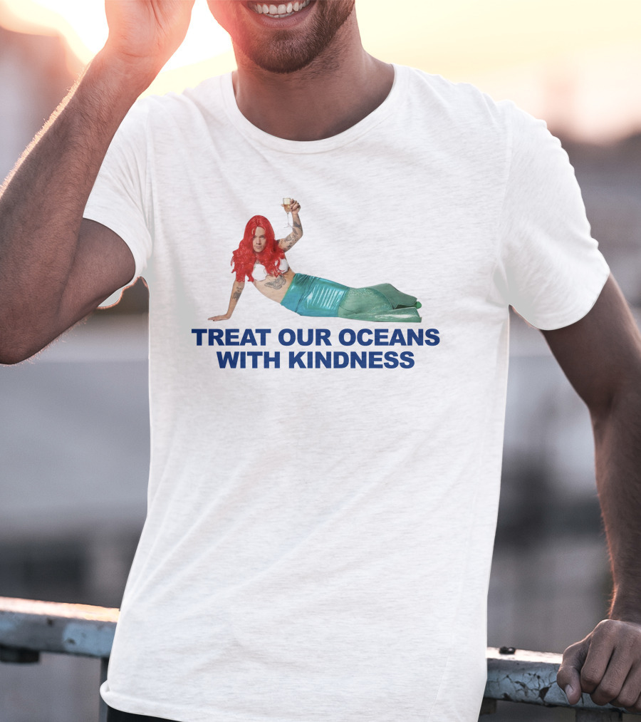 Treat Our Oceans With Kindness Red-Haired Mermaid Holding Glass T-Shirt