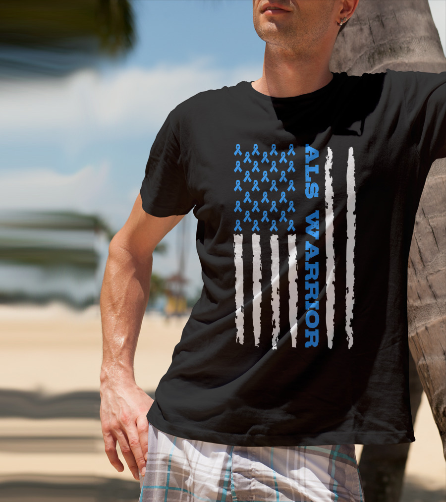 ALS Warrior Blue Ribbon Awareness American Flag USA T-Shirt