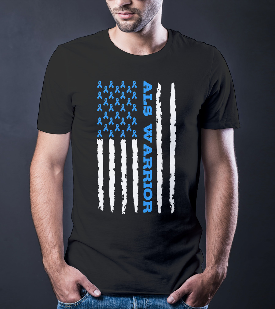 ALS Warrior Blue Ribbon Awareness American Flag USA T-Shirt