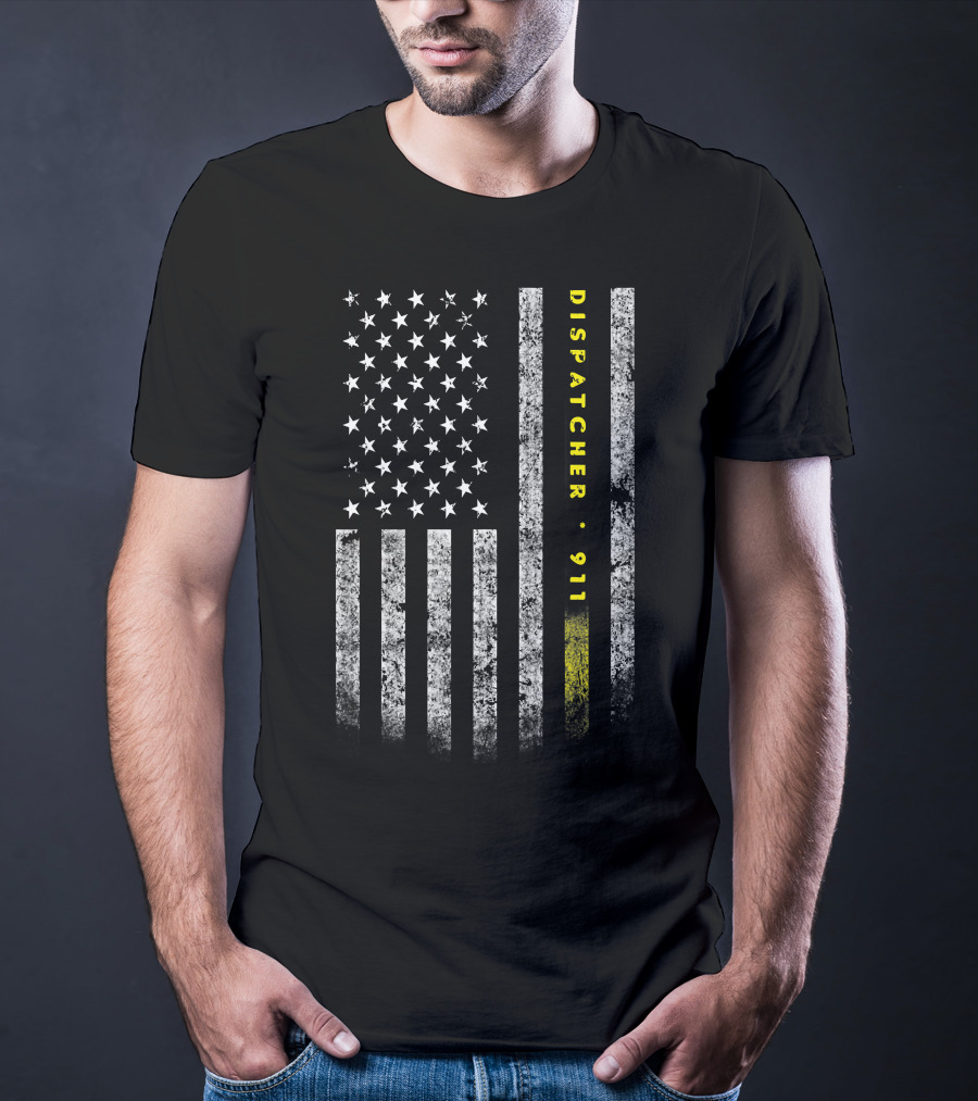 Dispatcher 911 American Flag With Gold Line USA Flag T-Shirt