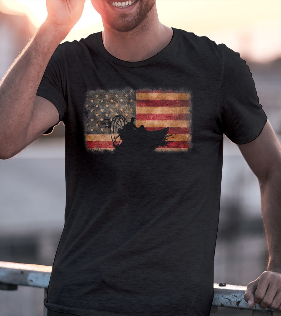 American Flag Airboat Racing Silhouette Over Rustic America T-Shirt
