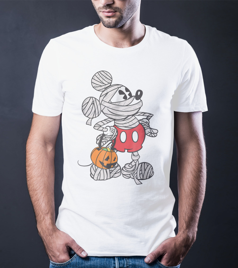 Mickey Mouse Mummy Wrapped With Pumpkin Bucket For Halloween T-Shirt