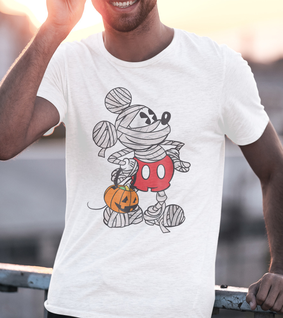 Mickey Mouse Mummy Wrapped With Pumpkin Bucket For Halloween T-Shirt