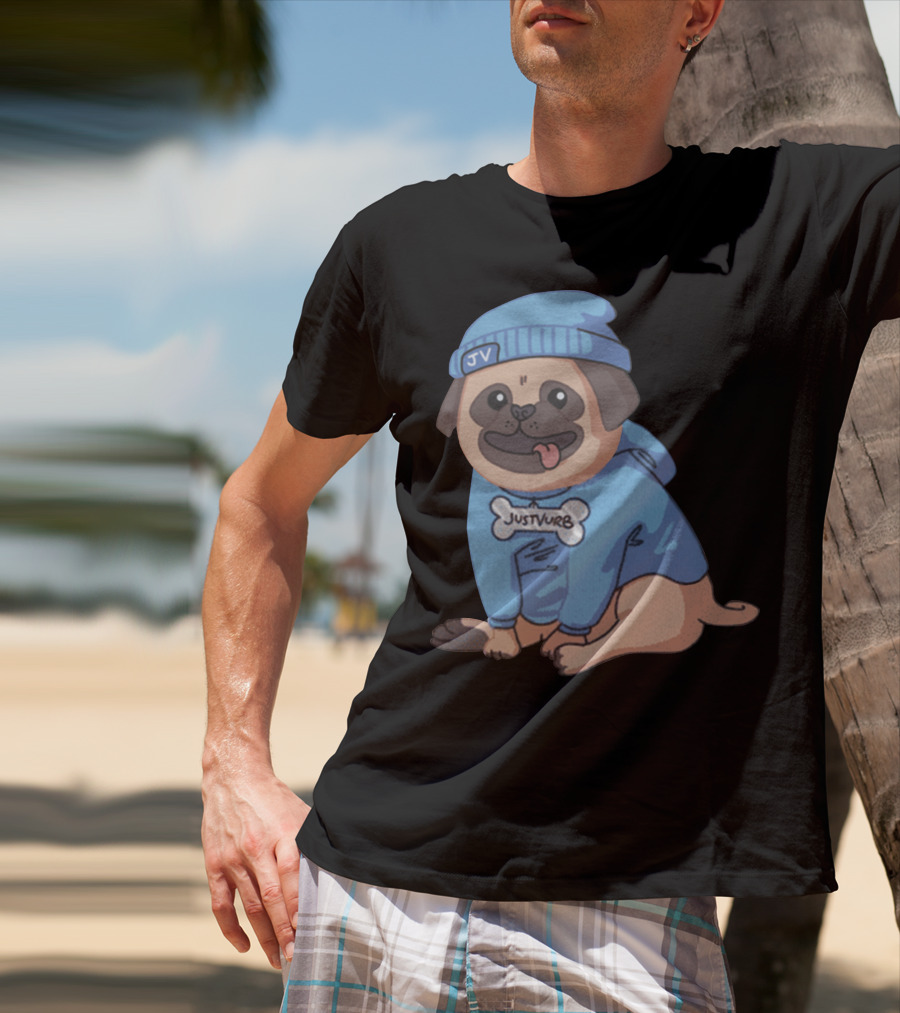 Justvurb JV Pug Dog In Blue Hoodie And Beanie T-Shirt