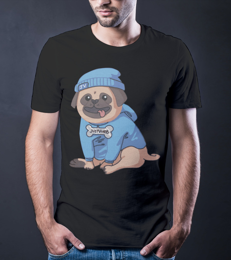 Justvurb JV Pug Dog In Blue Hoodie And Beanie T-Shirt