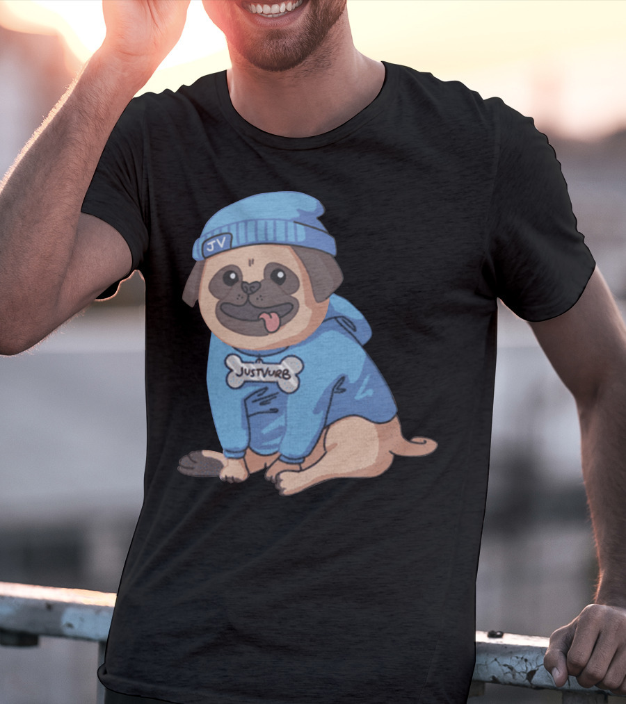 Justvurb JV Pug Dog In Blue Hoodie And Beanie T-Shirt