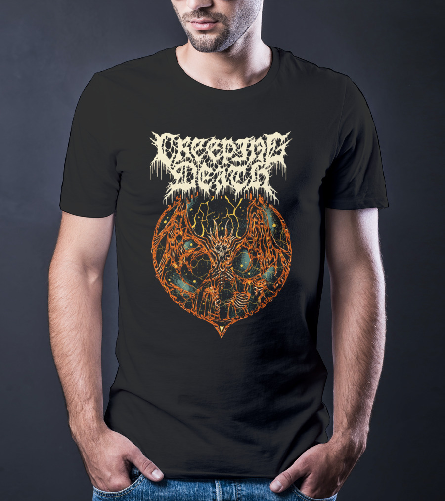 Creeping Death Skeleton Demon With Orange Lightning And Cosmic Background T-Shirt