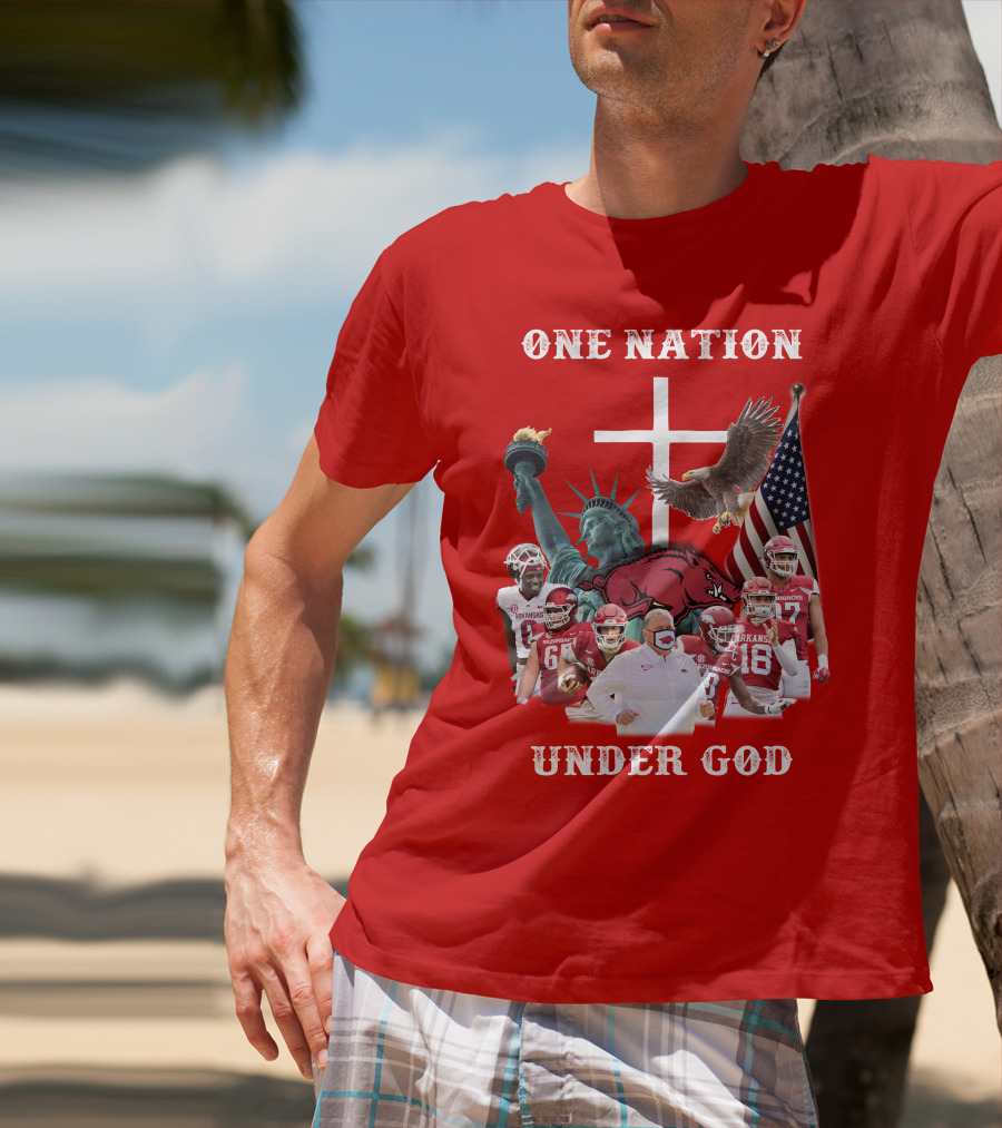 ONE NATION UNDER GOD Arkansas Razorbacks Football Liberty Statue Eagle Flag T-Shirt