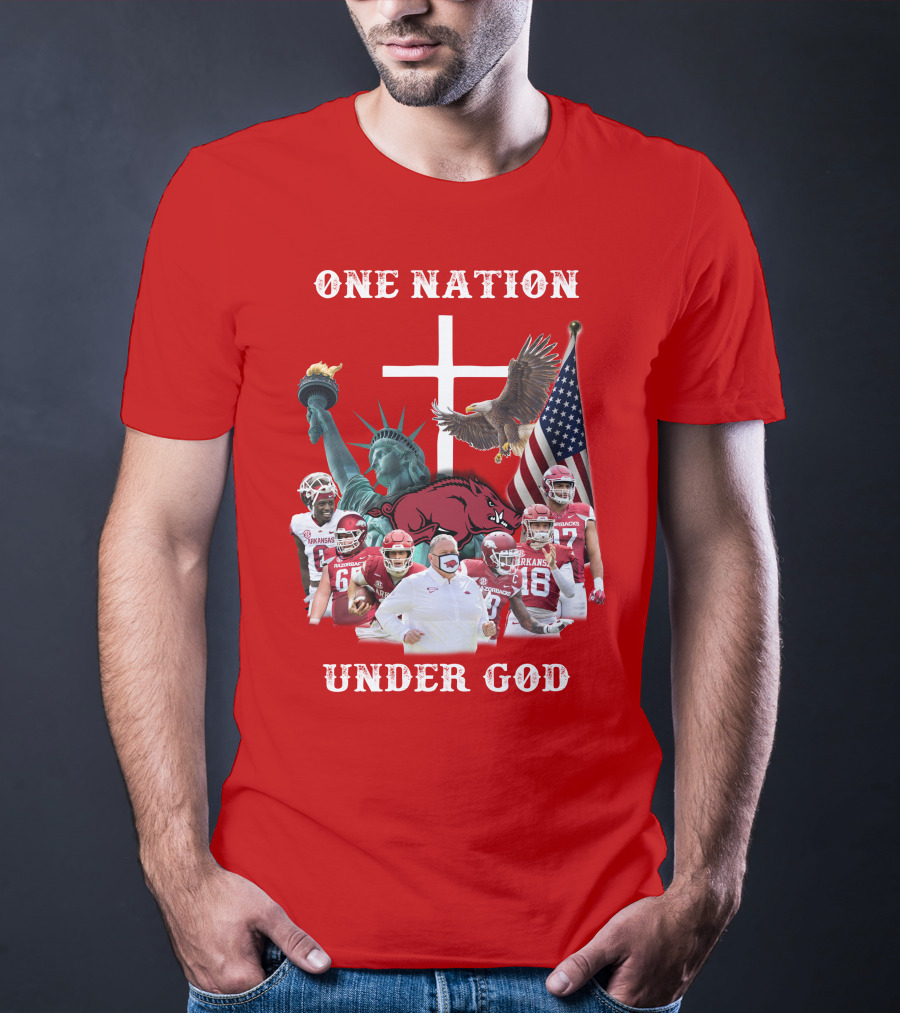 ONE NATION UNDER GOD Arkansas Razorbacks Football Liberty Statue Eagle Flag T-Shirt