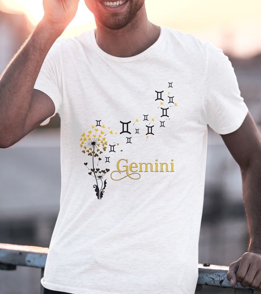 Gemini Zodiac Symbol Flower With Hearts And Emblem Accents T-Shirt