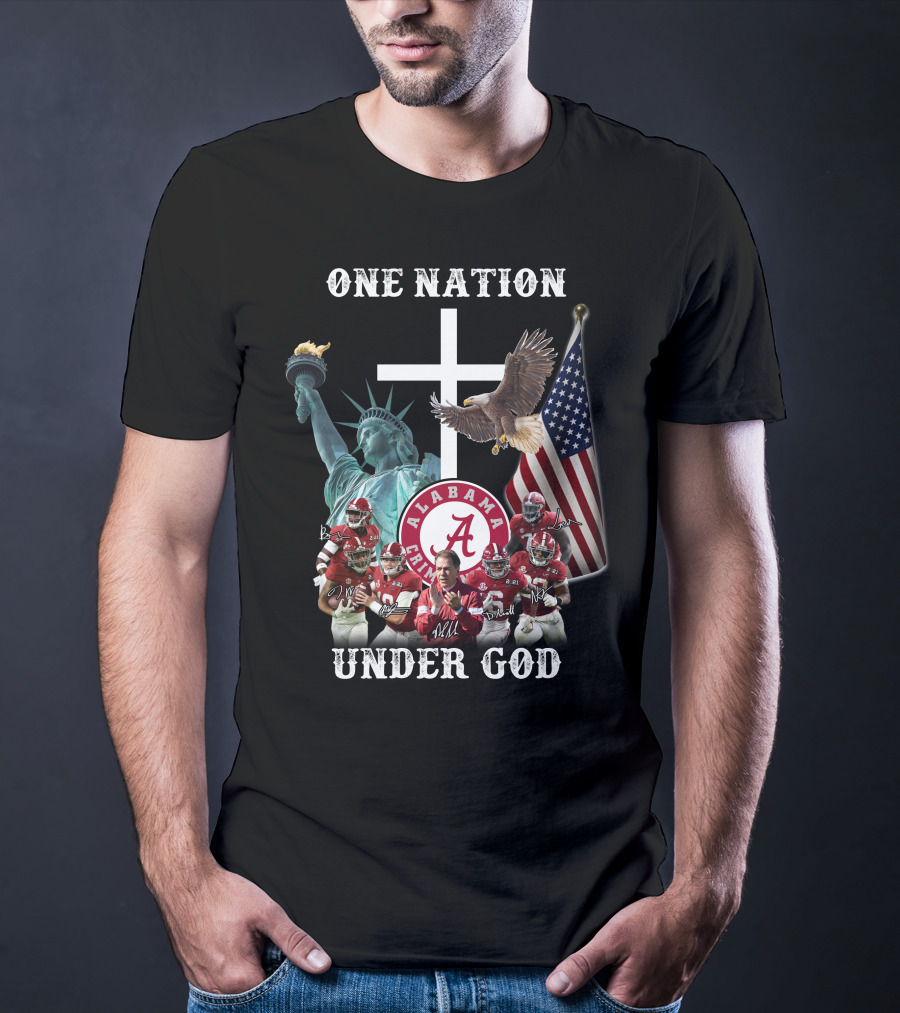 One Nation Under God Alabama Crimson Tide Football Statue Of Liberty American Flag Eagle T-Shirt