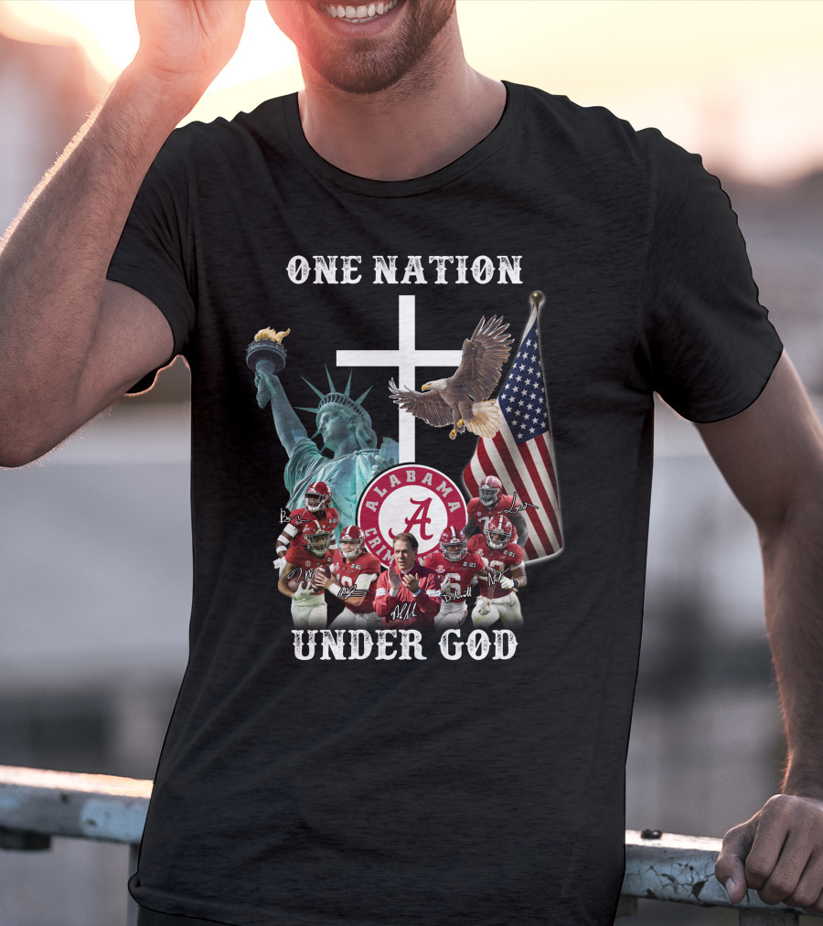 One Nation Under God Alabama Crimson Tide Football Statue Of Liberty American Flag Eagle T-Shirt