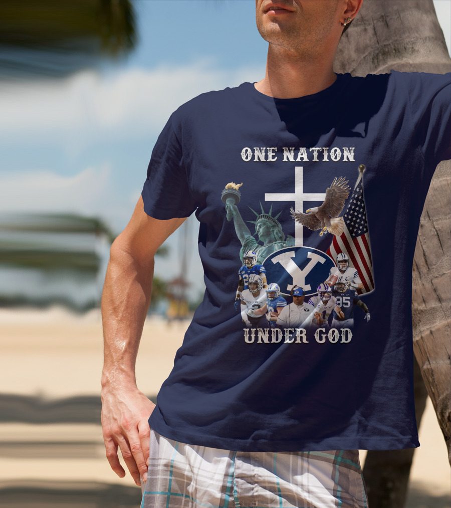 BYU One Nation Under God Coach Football Statue Liberty Cross Eagle Flag T-Shirt
