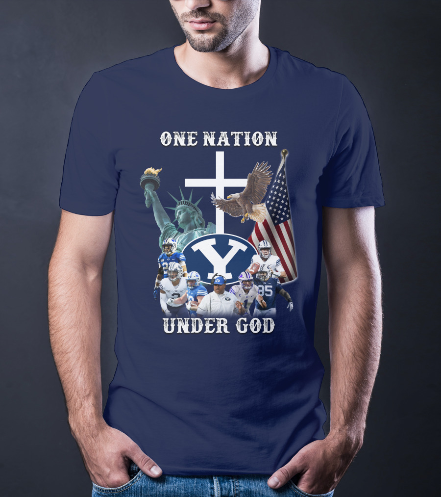 BYU One Nation Under God Coach Football Statue Liberty Cross Eagle Flag T-Shirt