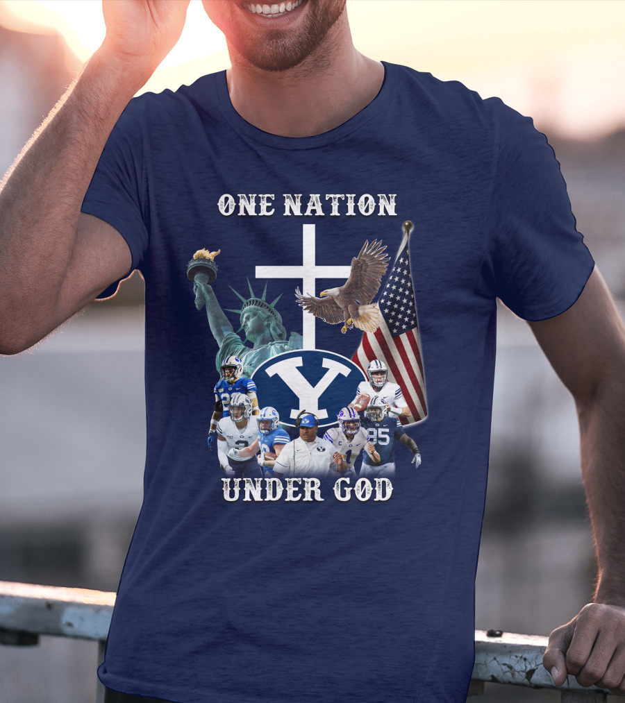 BYU One Nation Under God Coach Football Statue Liberty Cross Eagle Flag T-Shirt