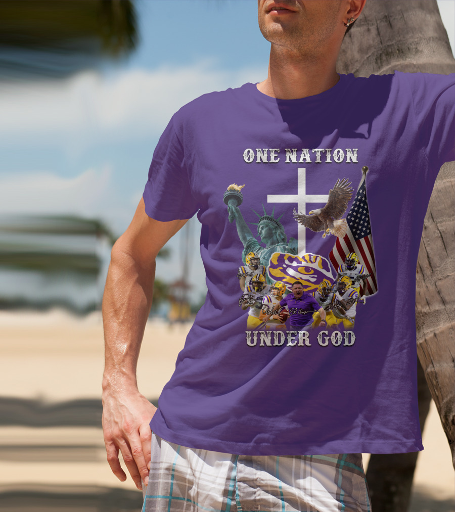 LSU Tigers Football One Nation Under God Coach Players Statue Of Liberty Eagle American Flag T-Shirt