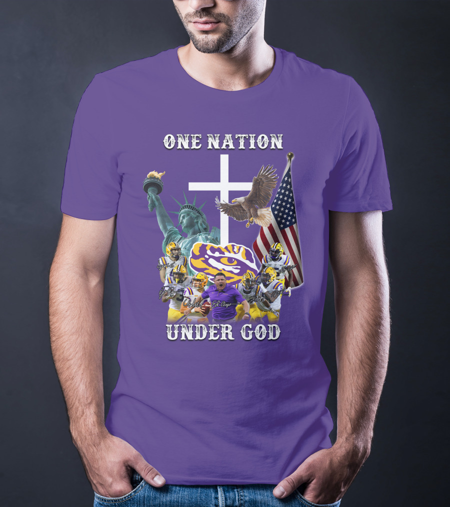 LSU Tigers Football One Nation Under God Coach Players Statue Of Liberty Eagle American Flag T-Shirt