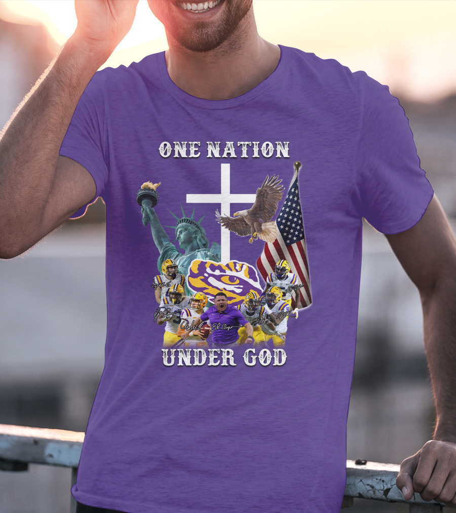 LSU Tigers Football One Nation Under God Coach Players Statue Of Liberty Eagle American Flag T-Shirt