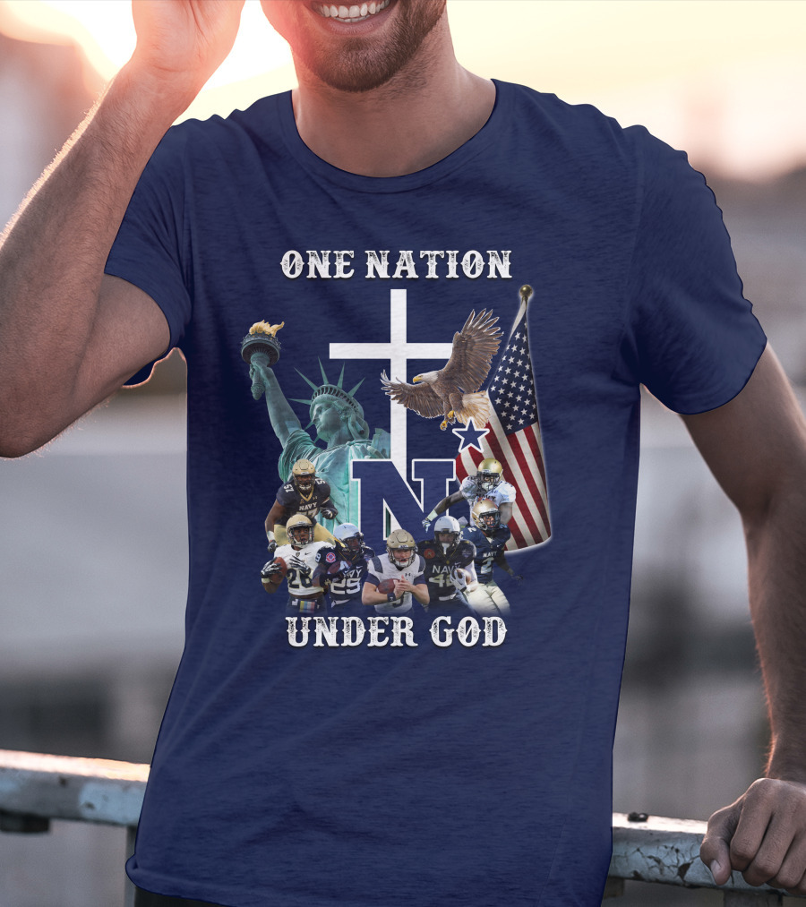 NM One Nation Under God Navy Football Statue Liberty American Flag Eagle T-Shirt