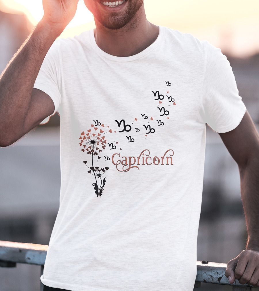 Capricorn Zodiac Sign With Heart Flower And Symbol Motif T-Shirt