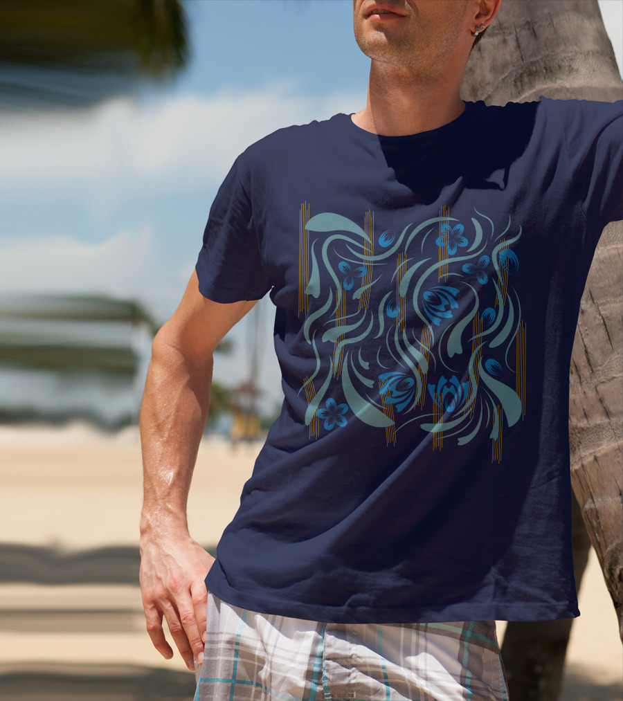 Folk Flowers Pattern Blue And Gold Floral Motif T-Shirt