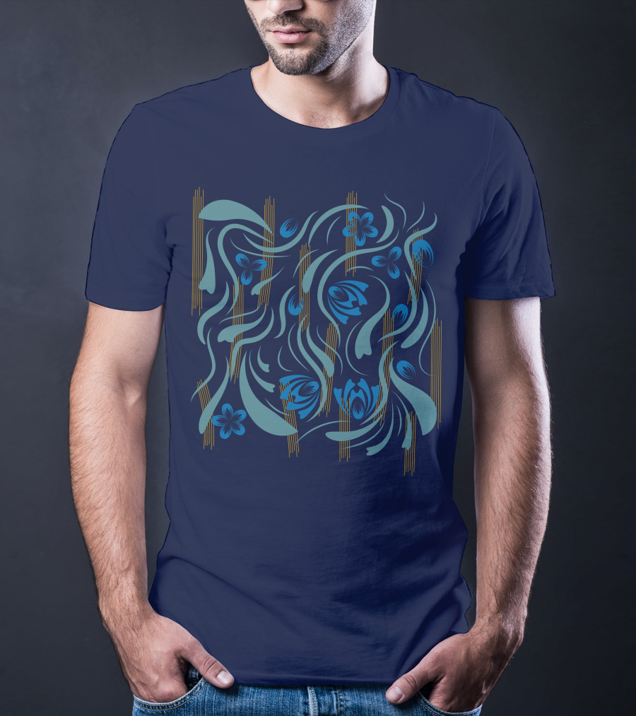 Folk Flowers Pattern Blue And Gold Floral Motif T-Shirt