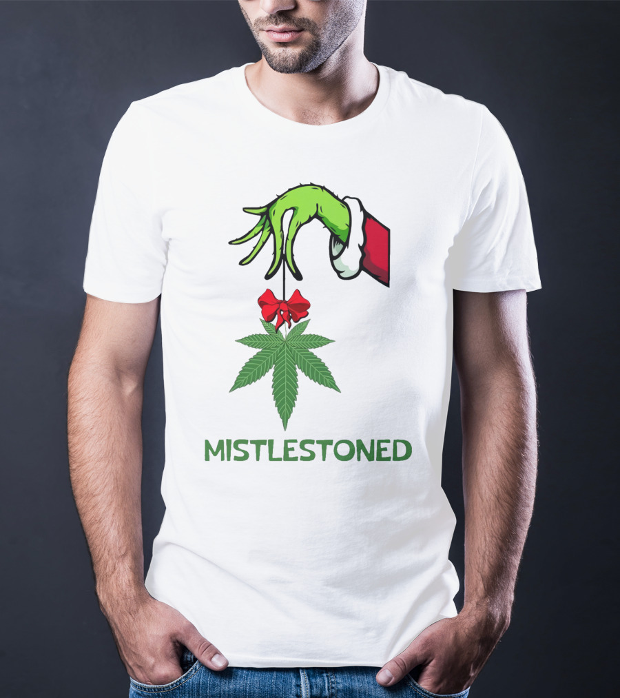 Mistlestoned Grinch Hand Holding Marijuana Leaf Christmas T-Shirt