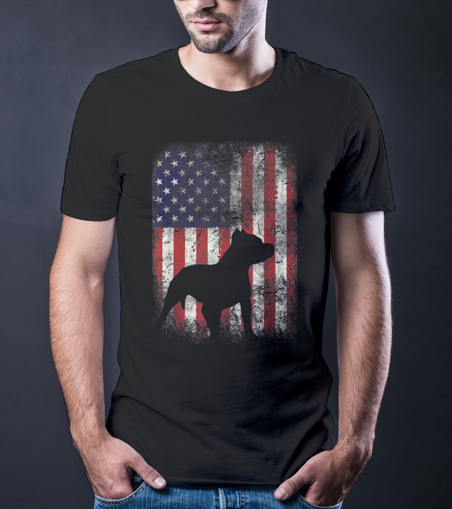 Pitbull Silhouette Against American Flag USA Patriotic T-Shirt