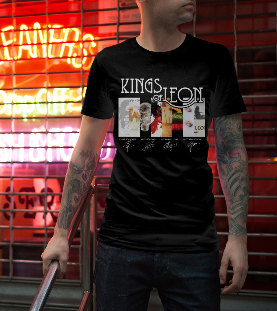 Kings Of Leon Youth And Young Manhood Album Covers With Caleb Jared Nathan Matthew Followill Signatures T-Shirt