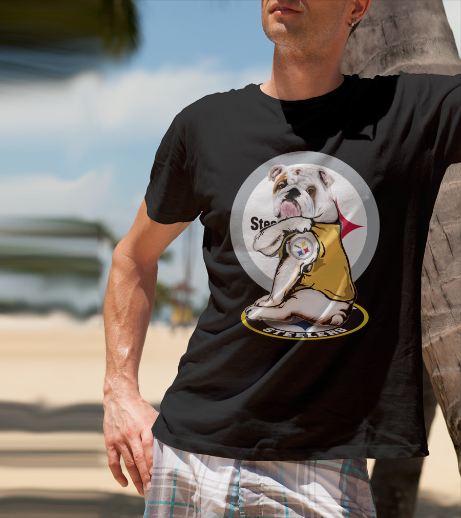 Steelers Bulldog Fan With Logo Tail Background T-Shirt