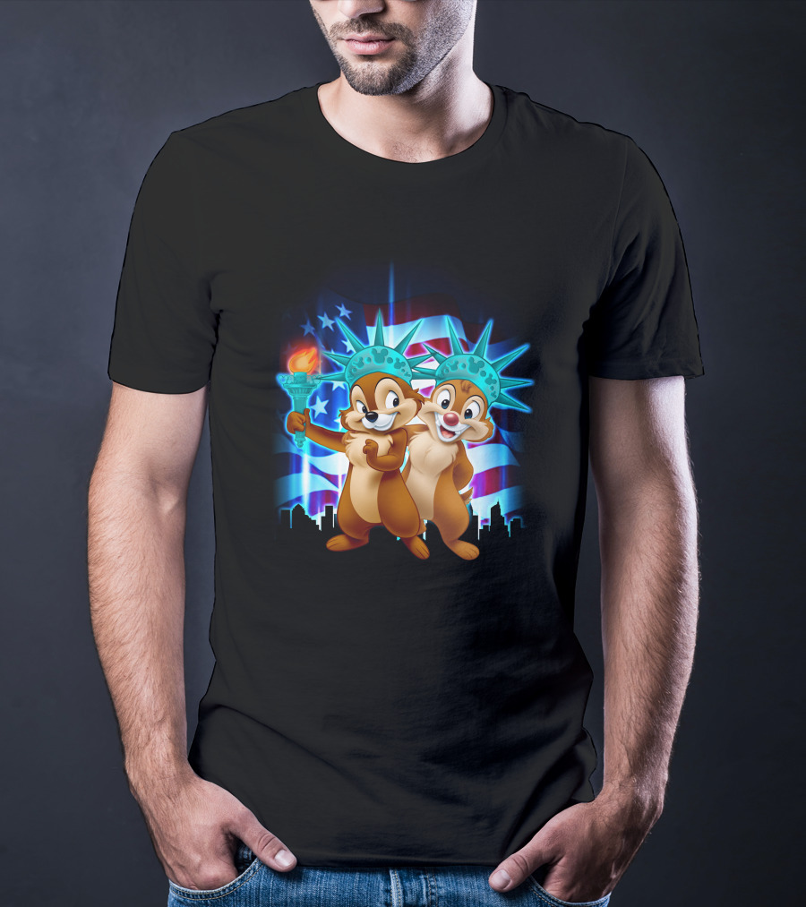 Chip And Dale Fourth Of July Statue Of Liberty With American Flag Background T-Shirt