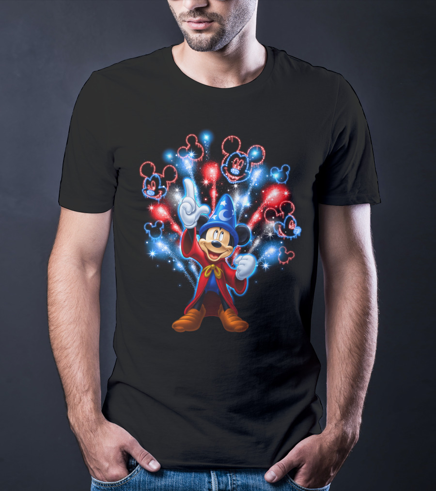 Sorcerer Mickey Mouse Red And Blue Fireworks Show T-Shirt