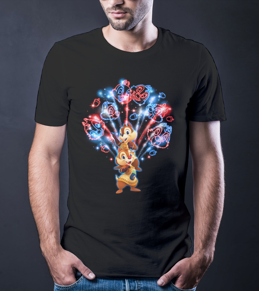Chip And Dale Firework Celebration With Sparkling Characters T-Shirt