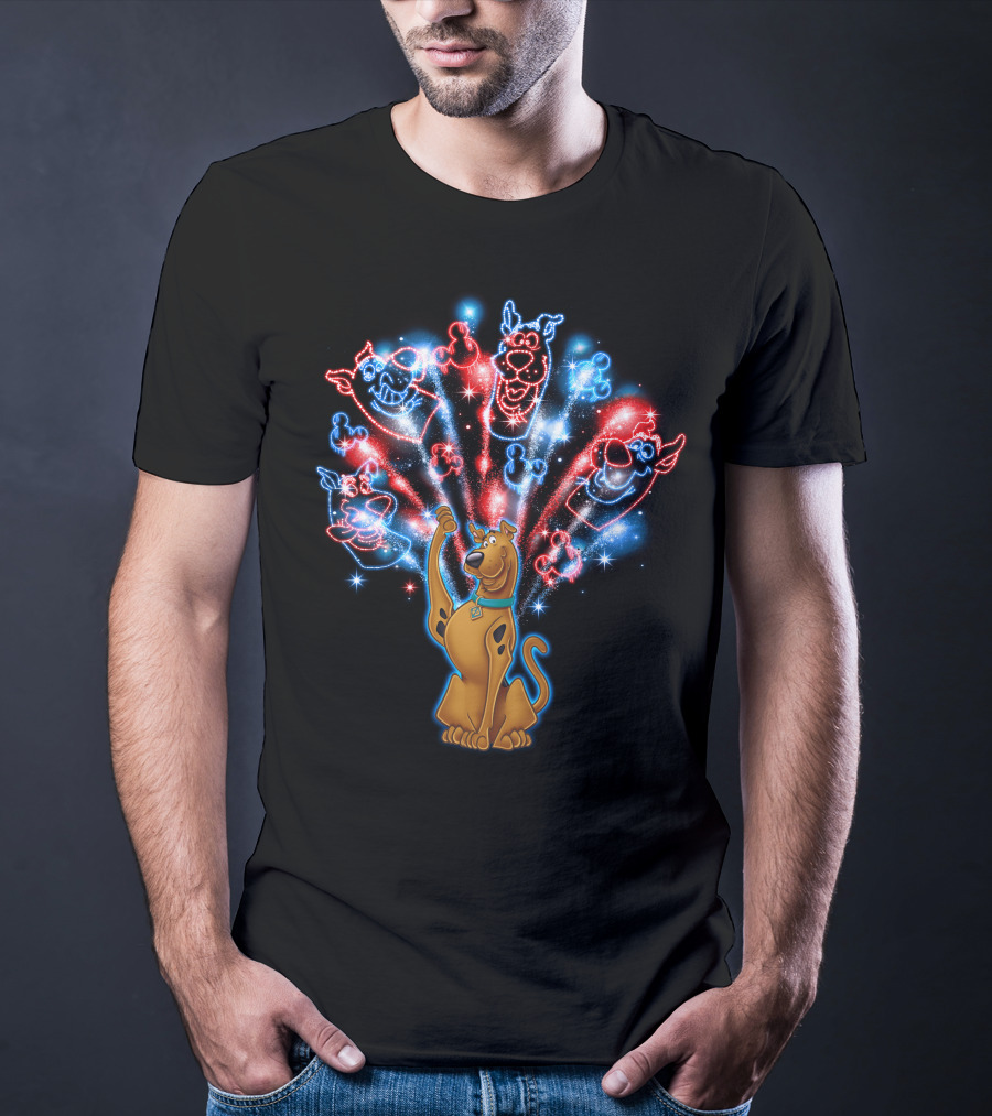 Scooby-Doo Fireworks Celebration Display With Colorful Firework Outlines T-Shirt