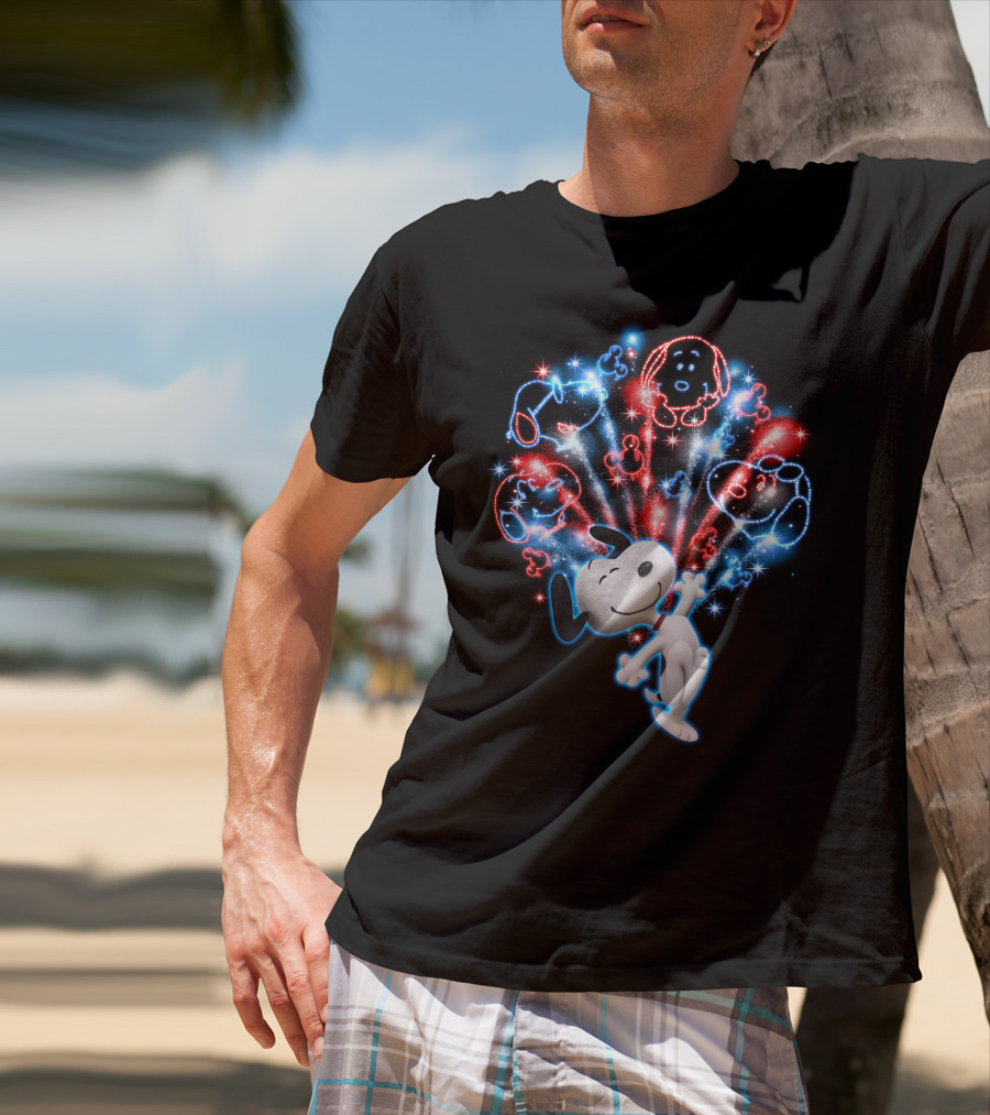 Snoopy Firework Celebration With Peanuts Characters In Red And Blue T-Shirt