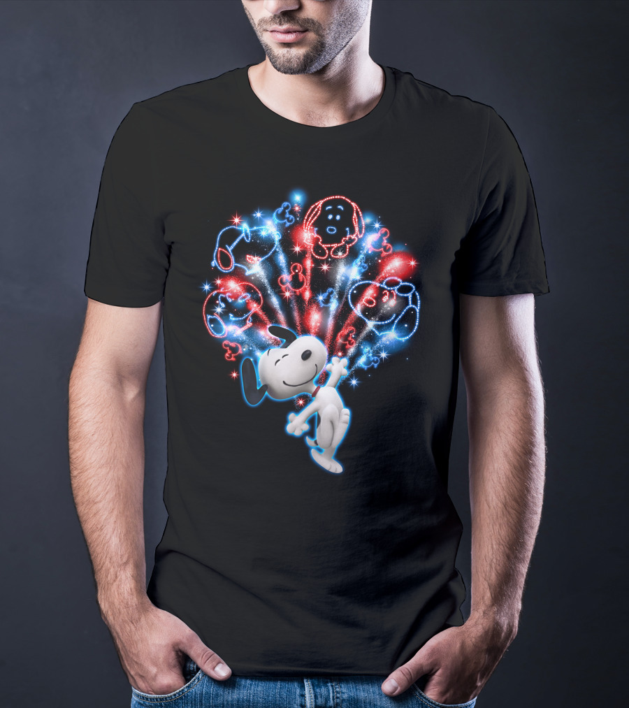 Snoopy Firework Celebration With Peanuts Characters In Red And Blue T-Shirt