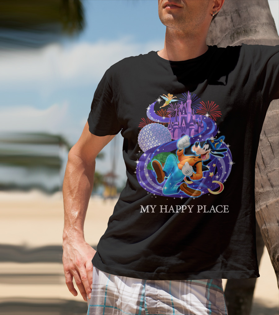 Goofy In My Happy Place With Castle And Fireworks T-Shirt
