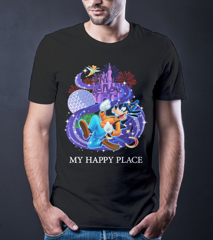 Goofy In My Happy Place With Castle And Fireworks T-Shirt