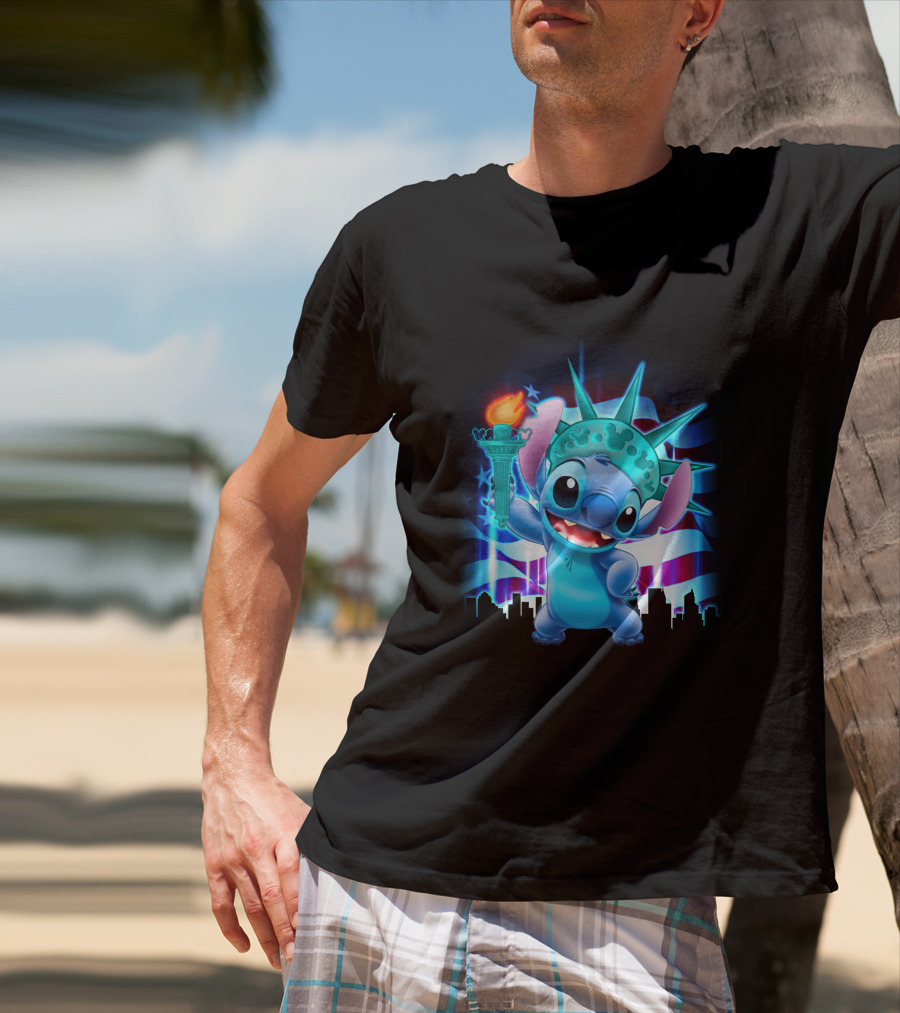 Stitch Statue Liberty American Flag Skyline T-Shirt