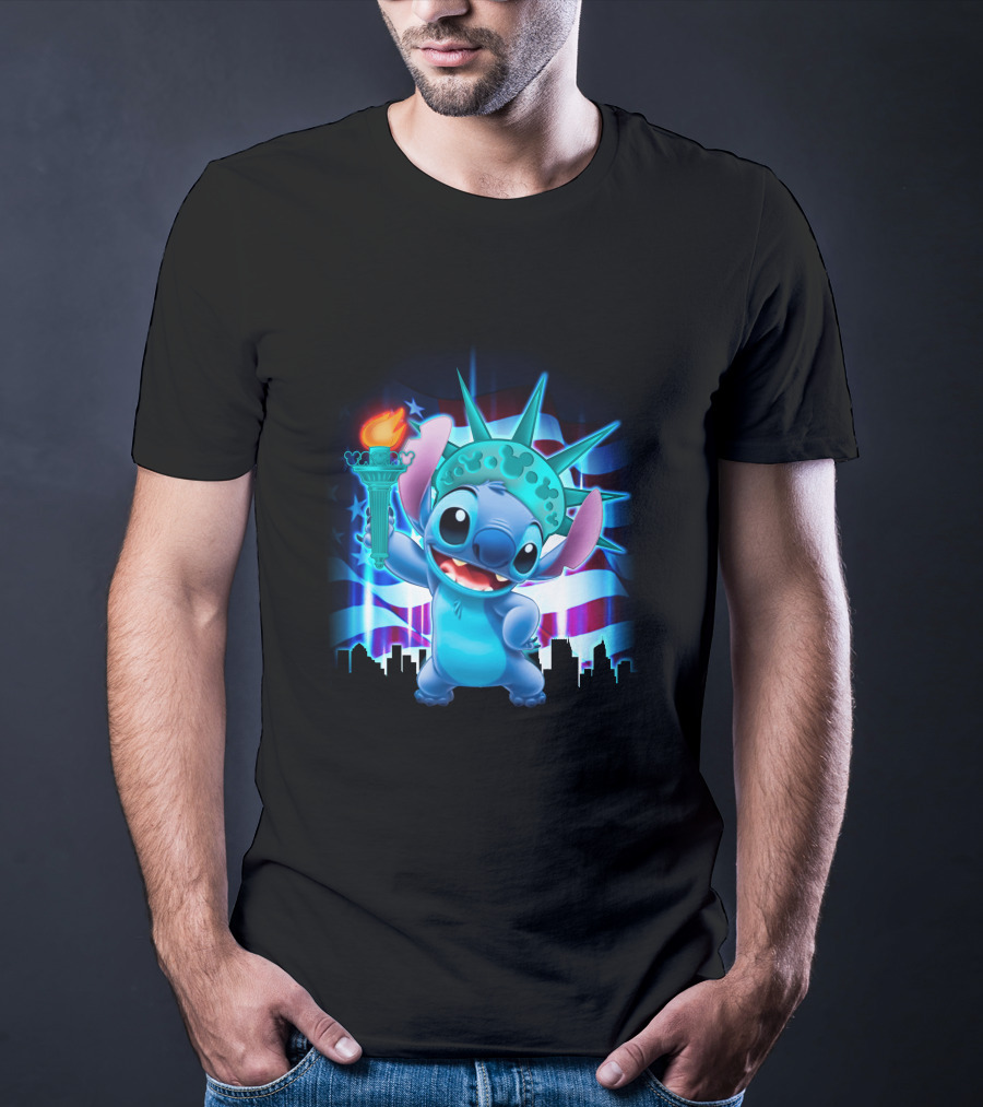 Stitch Statue Liberty American Flag Skyline T-Shirt