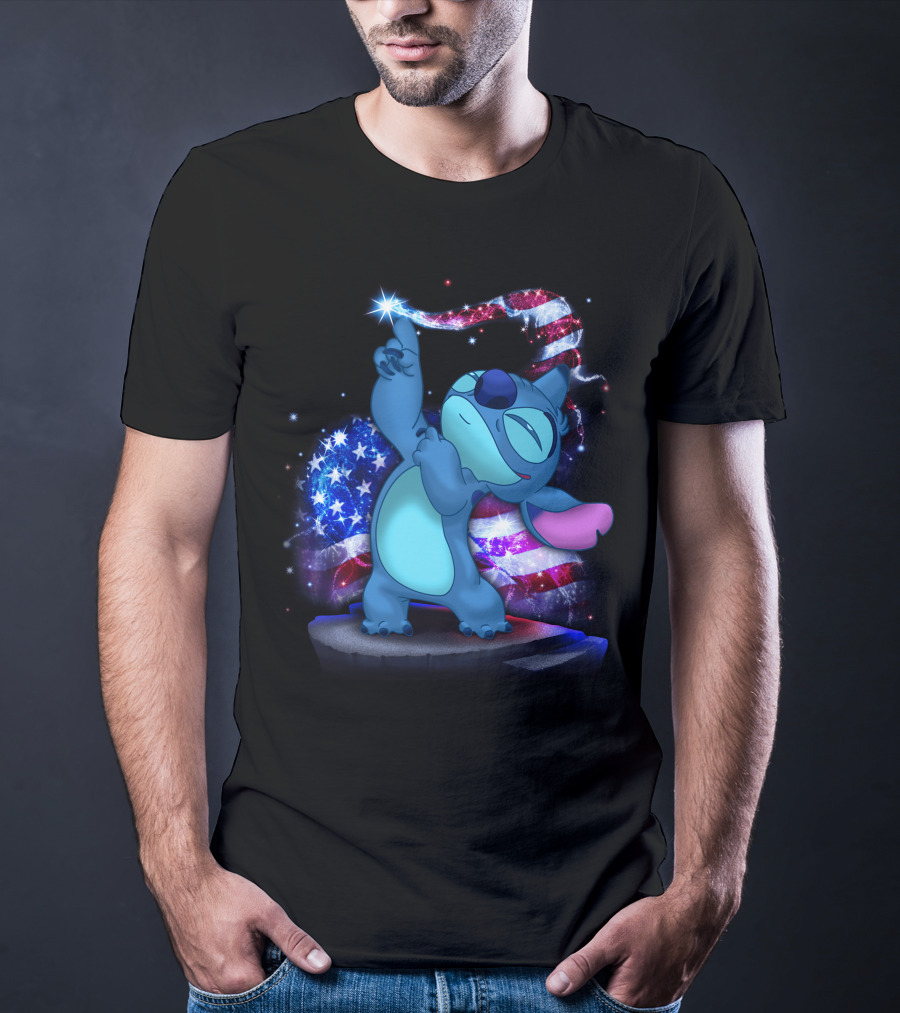 Stitch Bling July American Flag Fireworks Magic T-Shirt