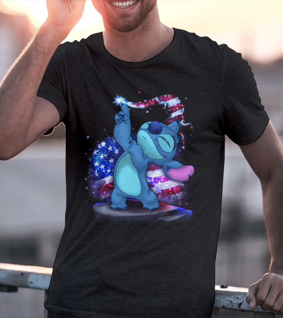 Stitch Bling July American Flag Fireworks Magic T-Shirt
