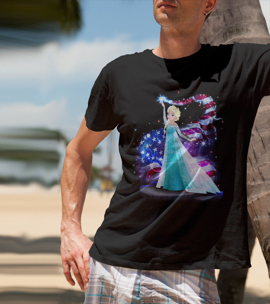 Frozen Elsa Sparkling American Flag Fourth Of July T-Shirt
