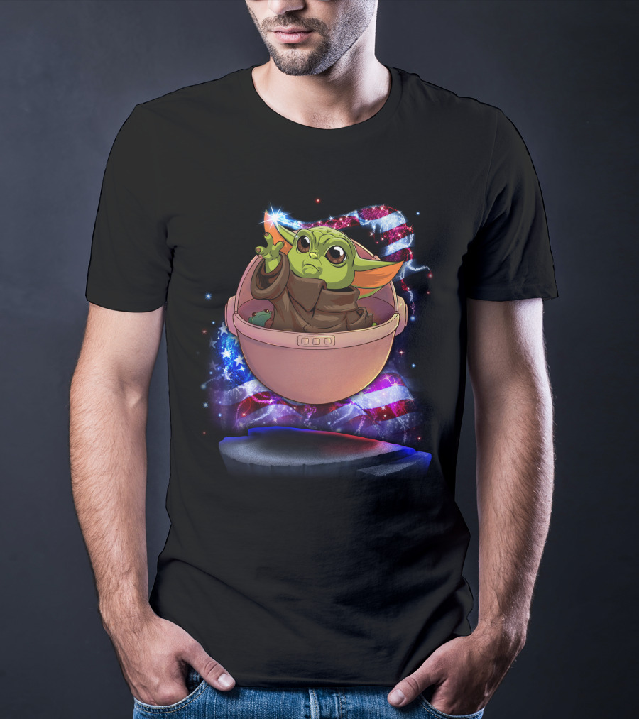 Baby Yoda Bling July American Flag Sparkle T-Shirt