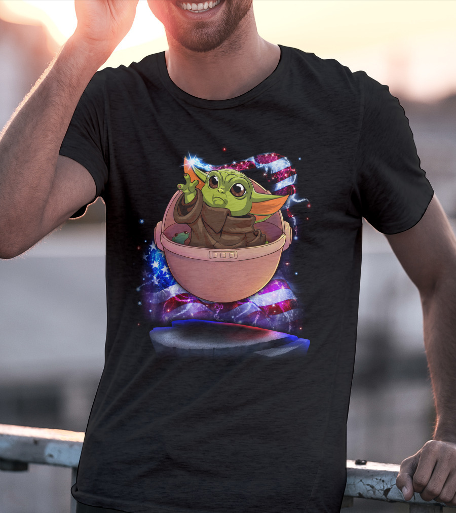 Baby Yoda Bling July American Flag Sparkle T-Shirt