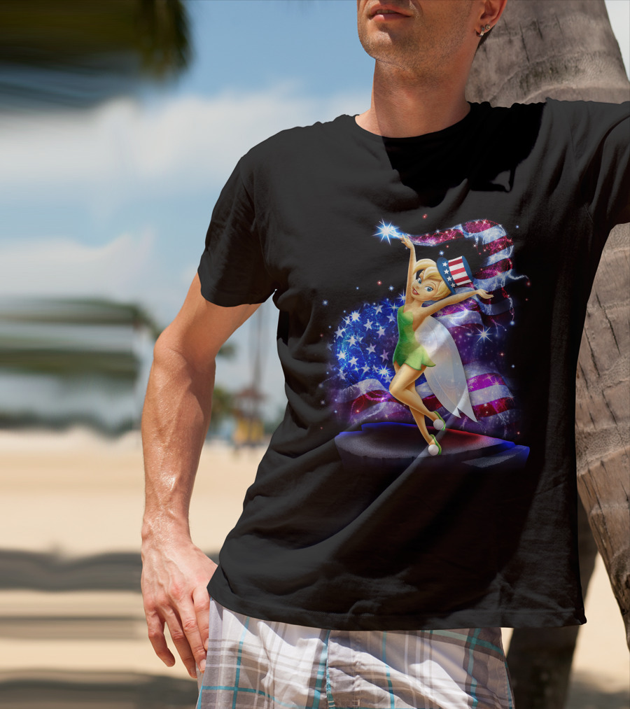 Tinkerbell Bling July Patriotic Sparkle With American Flag And Stars T-Shirt