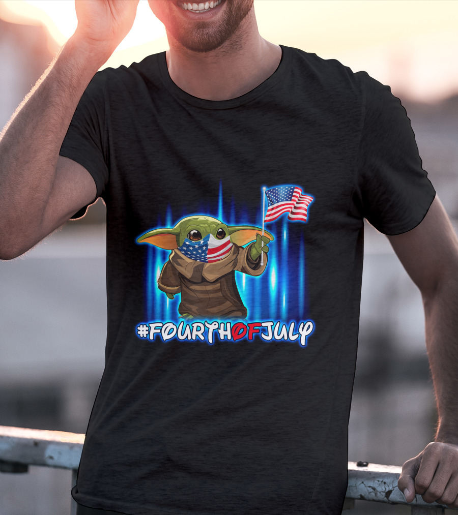 FOURTHOFJULY Baby Yoda With American Flag T-Shirt